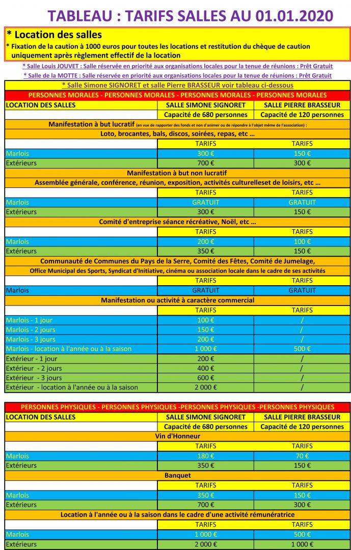 TABLEAU TARIFS DES SALLES 2020